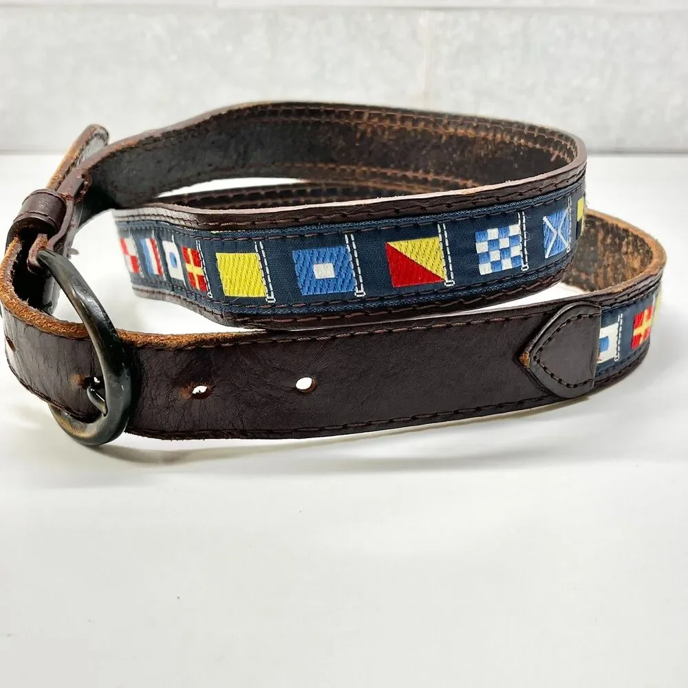 Vtg Pierre Carlini Mens Nautical Flag Blue Ribbon Brown Leather Belt Size 38 M